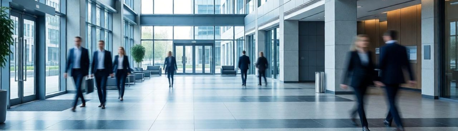 Professionals walking through the bright atrium of a modern office building