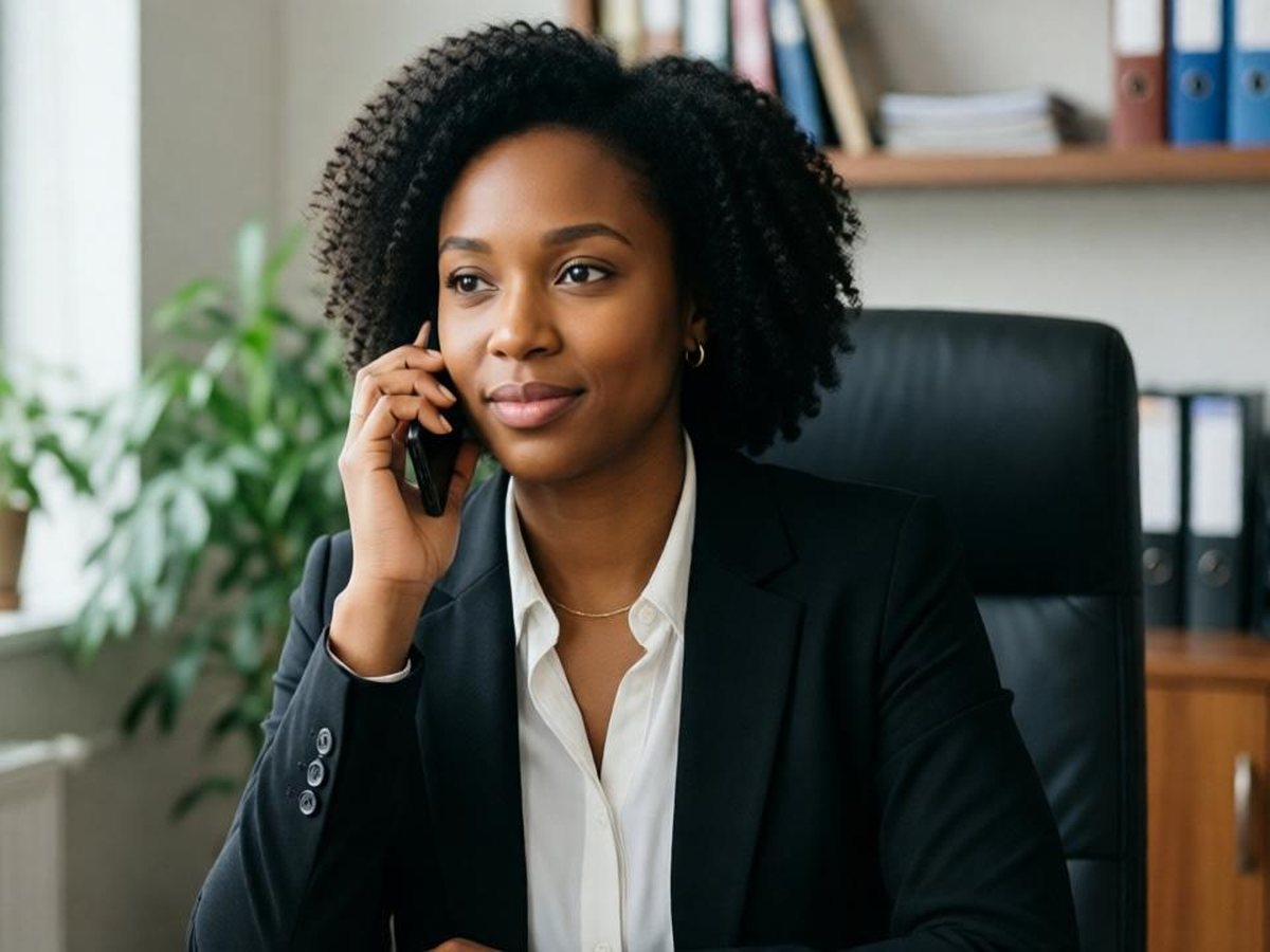 A professional taking a confidential call in a private office